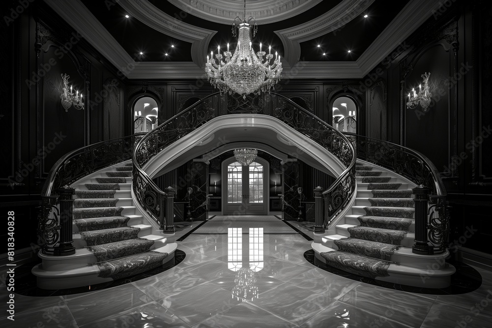 Fototapeta premium Majestic mansion foyer with sweeping dual staircases, elegant marble floors, and a grand crystal chandelier illuminating the space