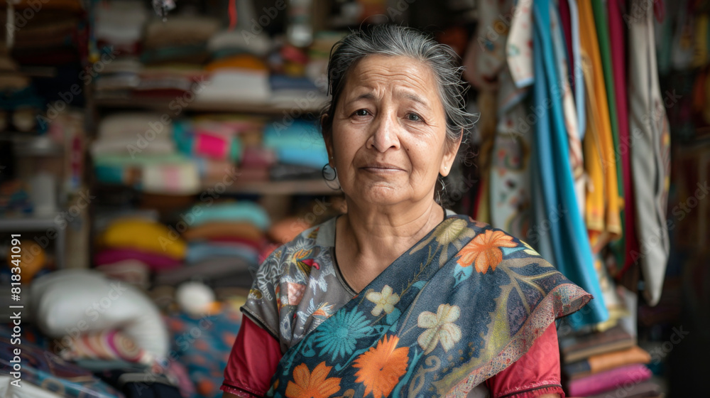 Elderly Asian woman with a serene expression standing in her colorful fabric shop.