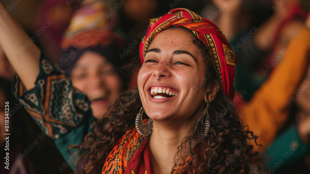 Happy young woman with a vibrant headscarf laughing and celebrating at a cultural festival.