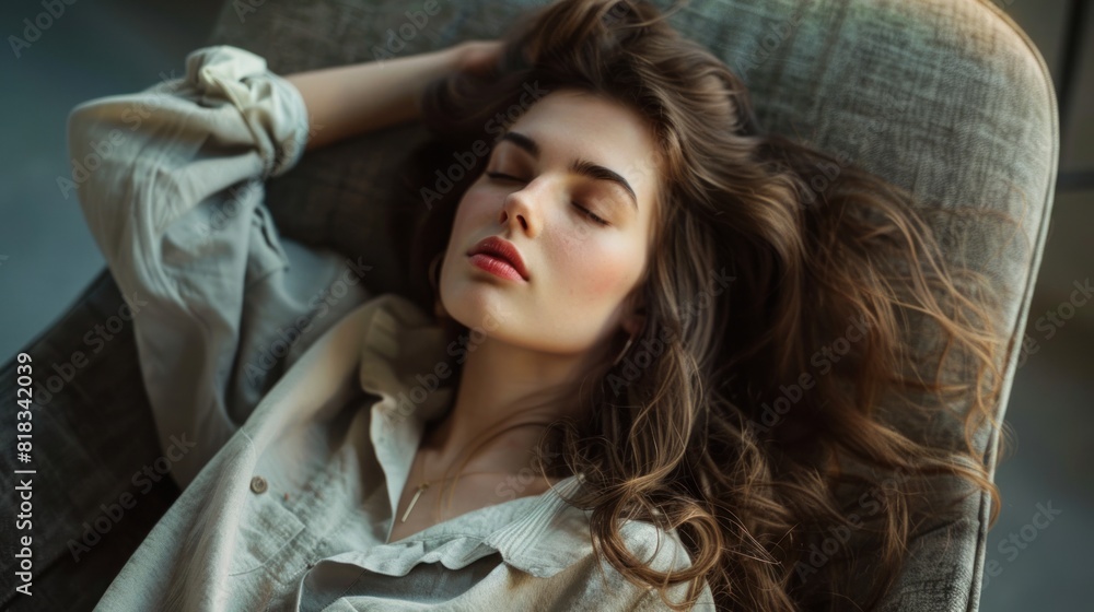 A girl with dark long hair lies on the bed, sofa. Top view. A girl with dark long hair lies on the bed, sofa. Top view.
