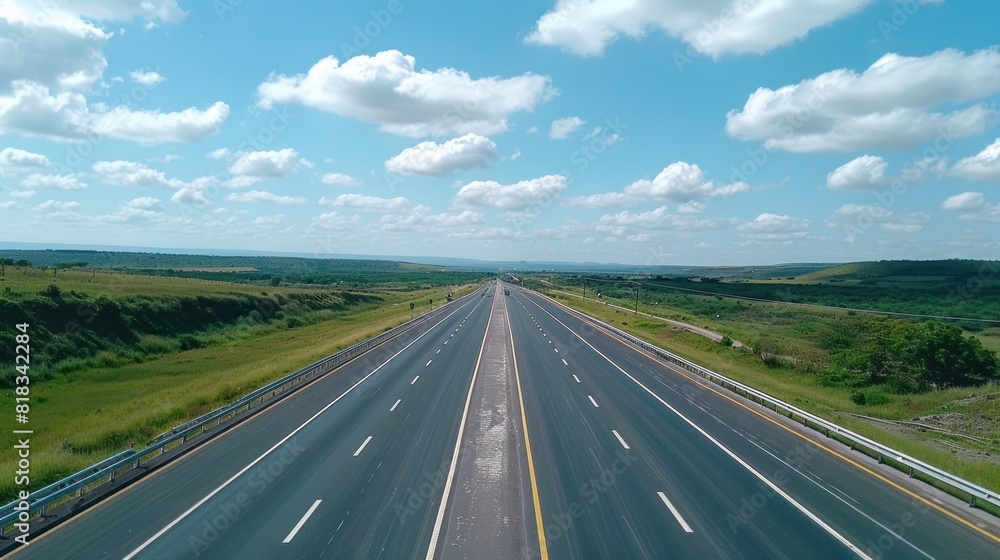 Aerial view of empty intercity road between green agricultural fields. Top view from drone of highway roadway Aerial view of empty intercity road between green agricultural fields. Top view from drone of highway roadway