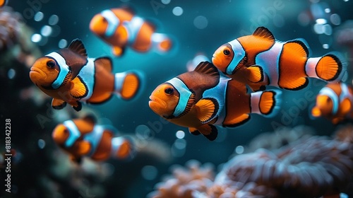  A school of clownfish swimming near coral in an aquarium