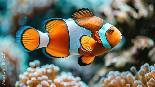   An orange and white clownfish swim in a coral reef, with an orange and white clownfish in the foreground photo
