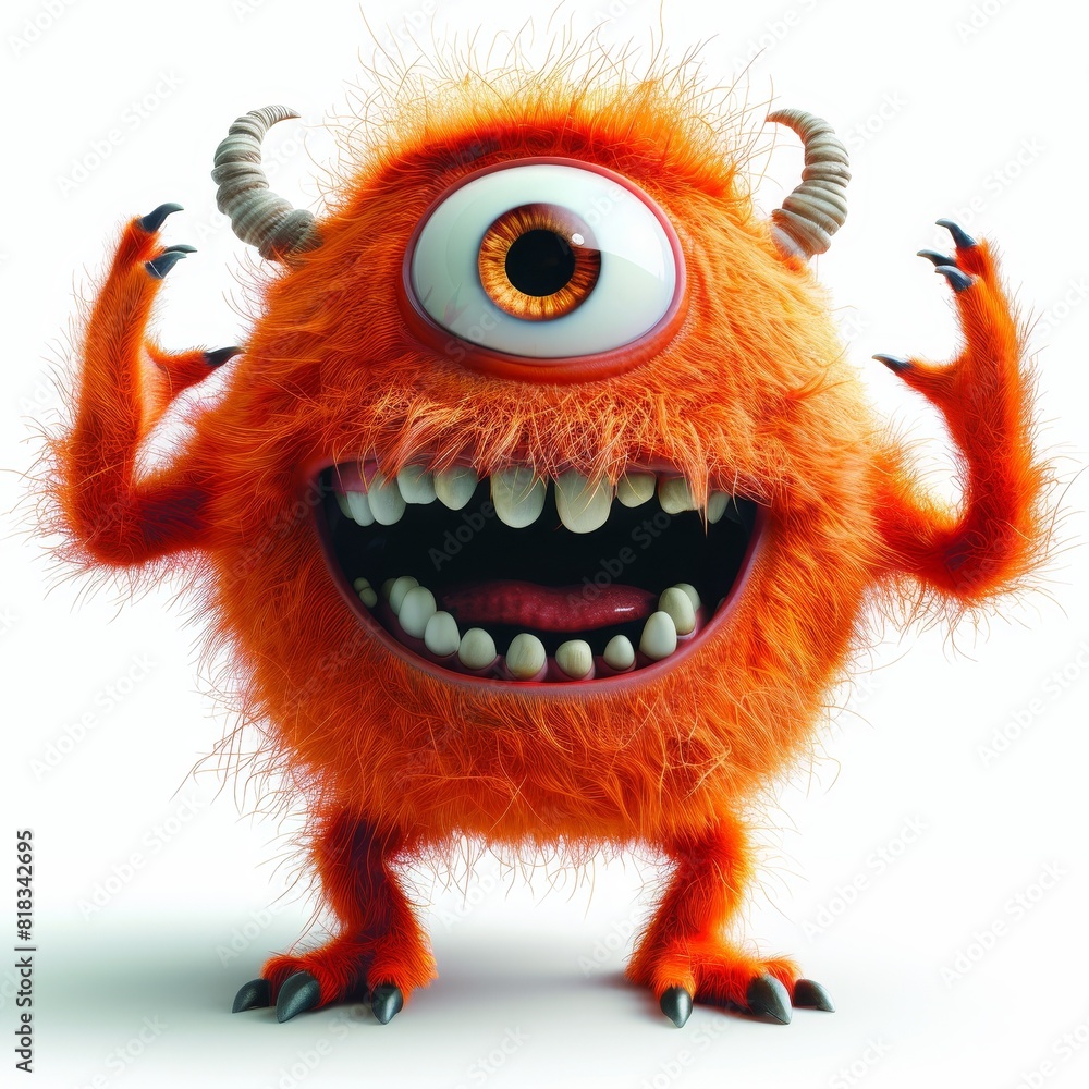 3D illustration of a cute and funny cartoon monster with one eye and horns