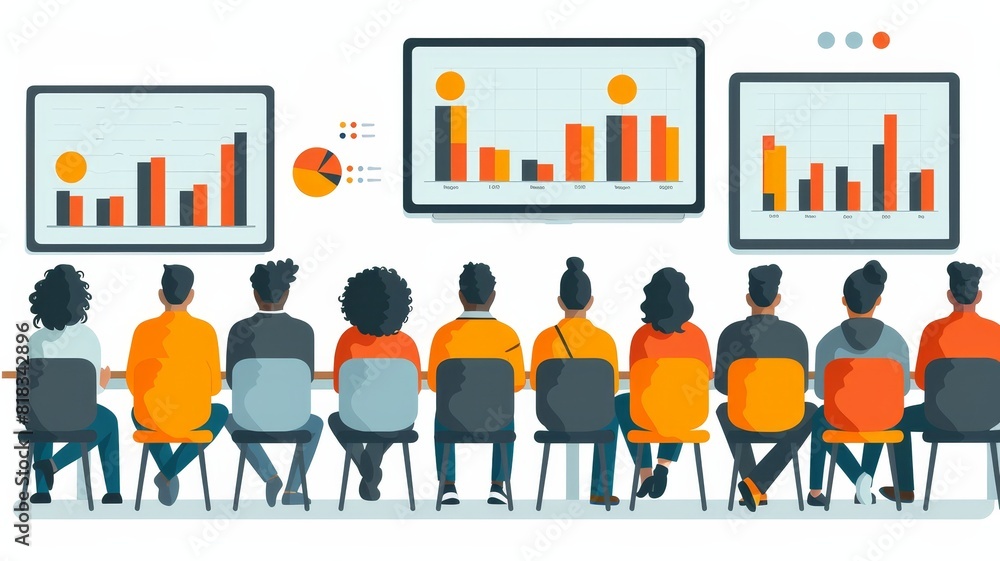 Obraz premium A group of people are sitting in a row, looking at a presentation on a screen