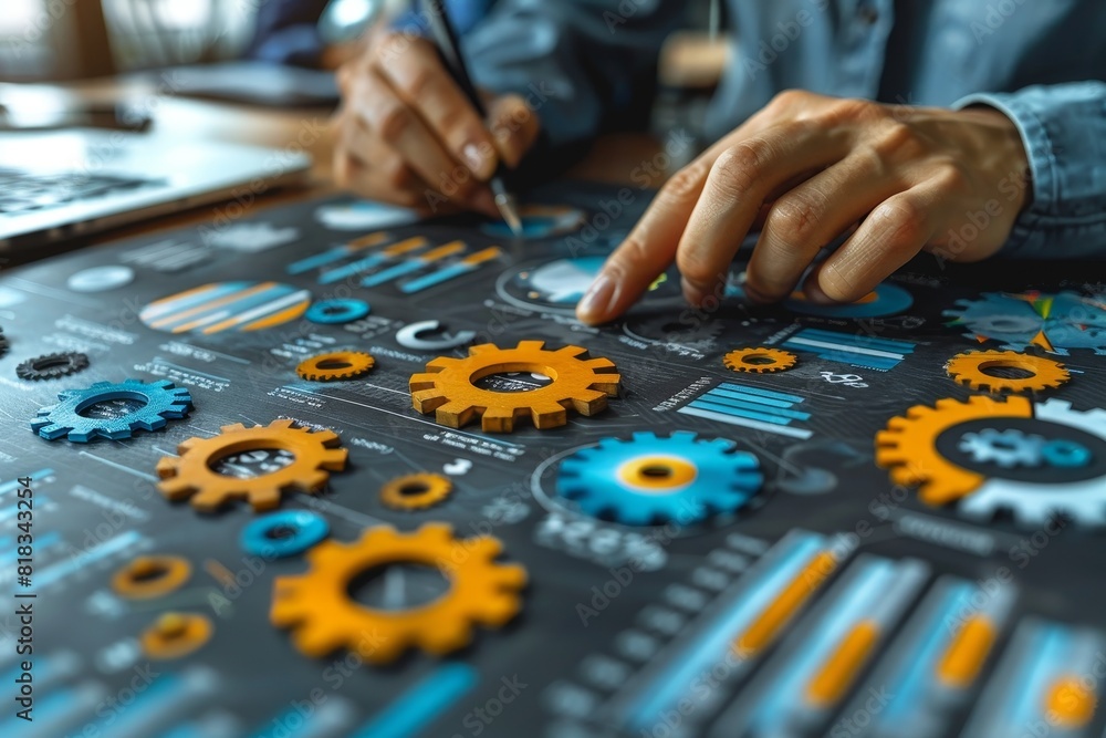 Fototapeta premium Gears of different colors and sizes symbolize teamwork and cooperation.