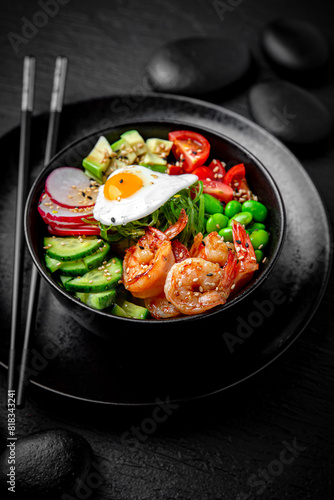 Shrimp Poke bowl composition on black background. The Art of Japanese Cuisine. Food photography for menu and sushi bar decoration