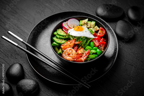 Shrimp Poke bowl composition on black background. The Art of Japanese Cuisine. Food photography for menu and sushi bar decoration