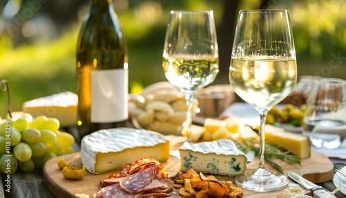 picnic with white wine served outside with cheese and charcuteri