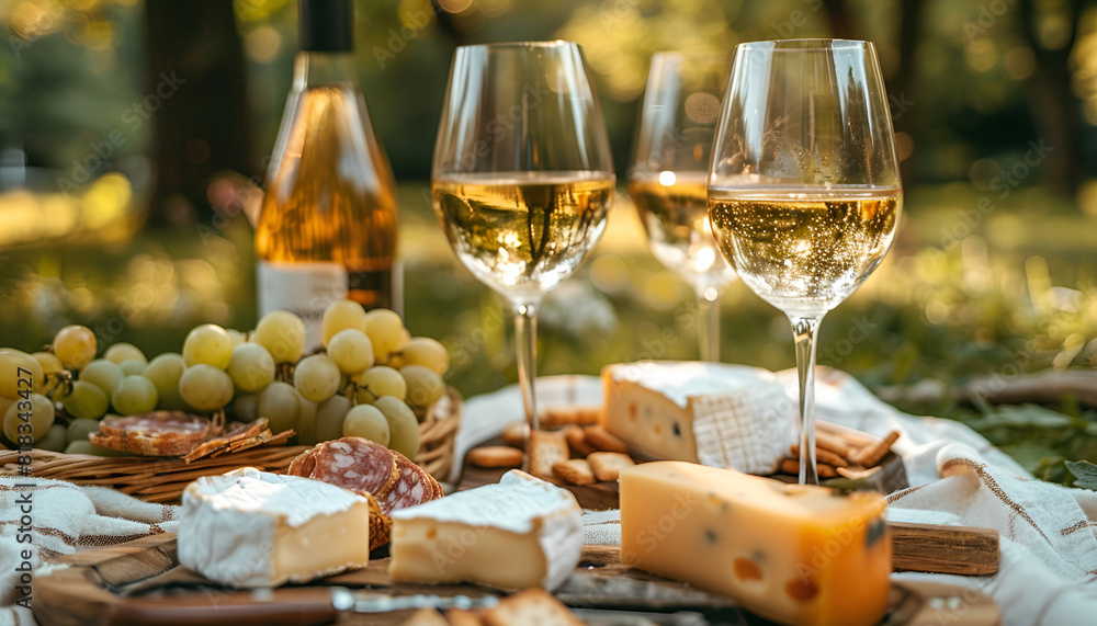 picnic with white wine served outside with cheese and charcuteri picnic with white wine served outside with cheese and charcuteri