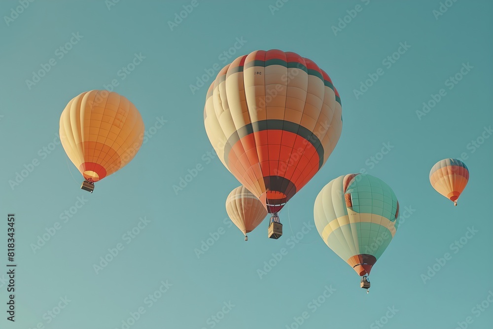 Obraz premium Hot air balloonss against clear sky. Summer travel and adventure concept. Design for banner, wallpaper, poster. Minimalistic composition