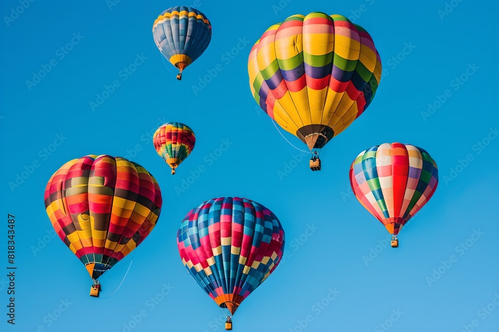 Obraz premium Hot air balloonss against clear sky. Summer travel and adventure concept. Design for banner, wallpaper, poster. Minimalistic composition