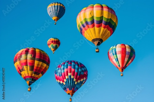 Hot air balloonss against clear sky. Summer travel and adventure concept. Design for banner, wallpaper, poster. Minimalistic composition