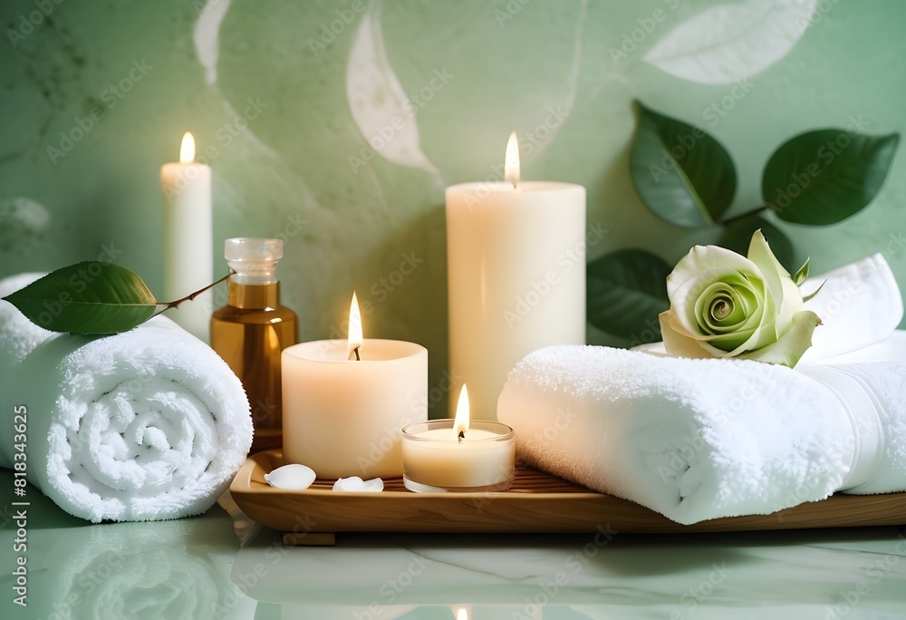 A background of towel bathroom white luxury concept massage candle bath with Bathroom matellic white wellness background towel relax aromatherapy flower and rose flower accessory zen therapy oil