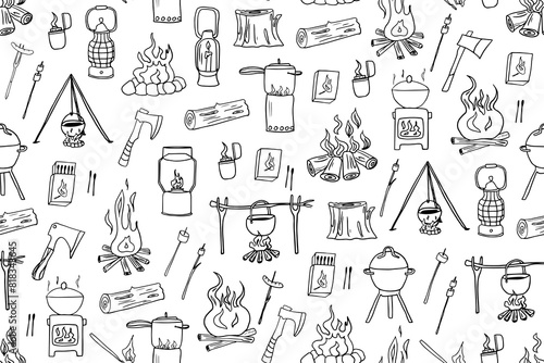 Seamless pattern of camping elements in doodle style. Campfire, matches, box of matches, tourist ax, lighter, struck match, log, wooden block, bonfire. Travel design. Hand drawn. Great for poster photo
