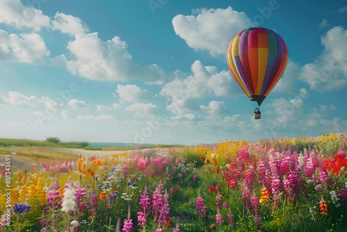 Hot air balloon over a field of flowers. Summer travel and adventure concept. Beautiful landscape. Design for banner  wallpaper  poster with copy space