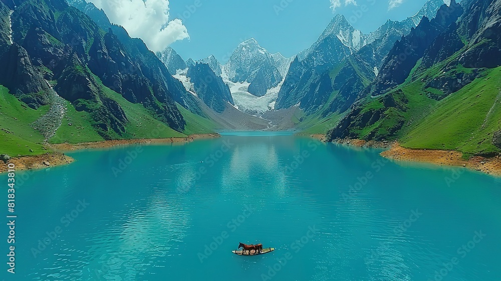   Large mountains surround a vast body of water, with a solitary person steering a small boat at its center