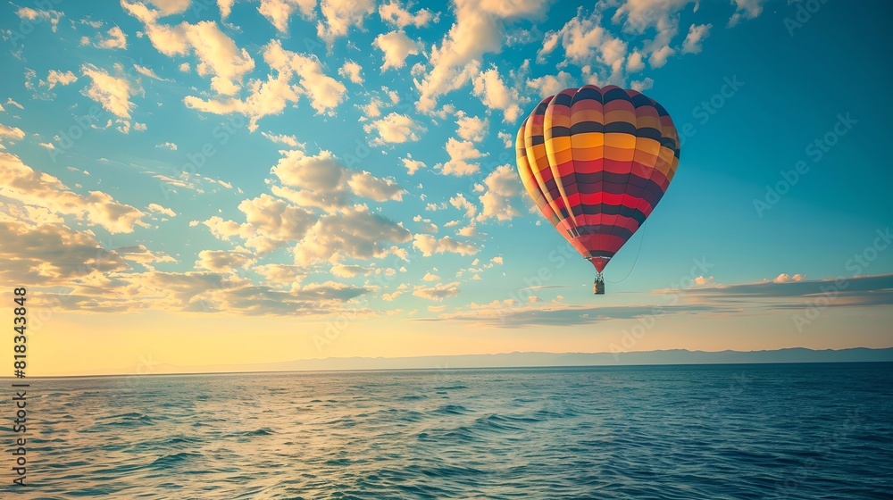Fototapeta premium Hot air balloon over the ocean at sunset. Summer travel and adventure concept. Beautiful landscape. Design for banner, wallpaper, poster. 