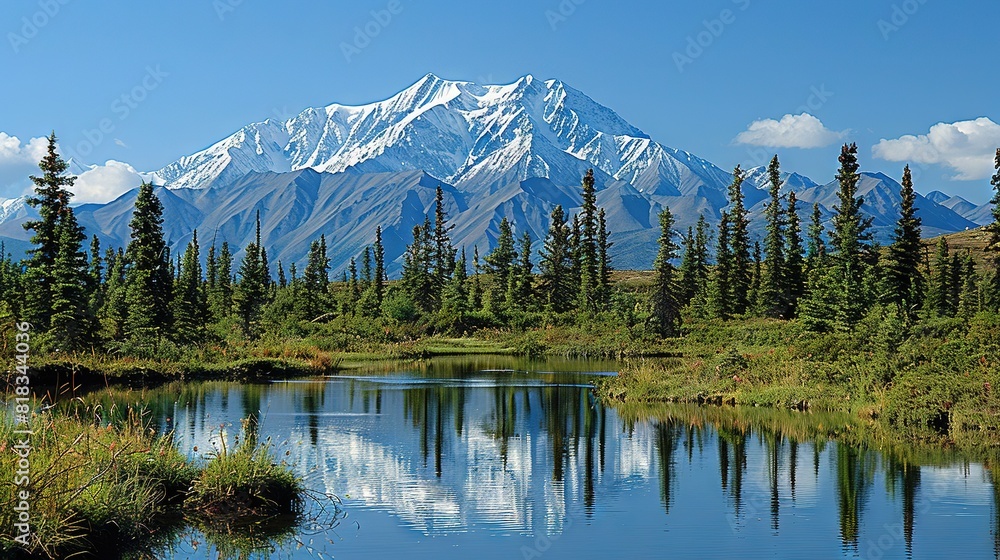 A snow-capped mountain looms behind a serene lake nestled in the heart of the forest A snow-capped mountain looms behind a serene lake nestled in the heart of the forest