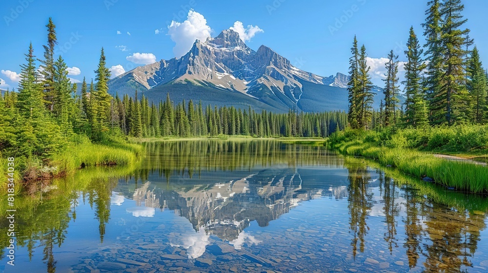   A mountain reflects on calm lake water under tall pines and blue skies with fluffy white clouds