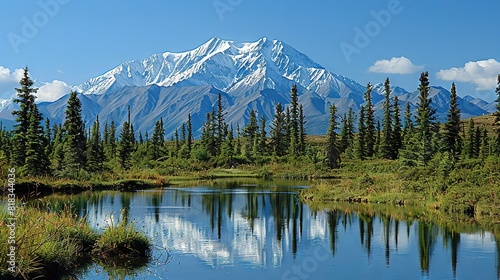   A snow-capped mountain looms behind a serene lake nestled in the heart of the forest © Olga
