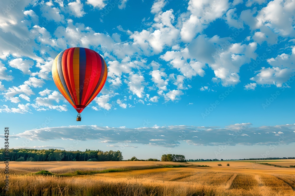 Fototapeta premium Hot air balloon flying over golden wheat fields. Summer travel and adventure concept. Agriculture industry. Design for banner, wallpaper, poster