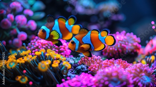  Two clownfish on a coral with anemones in the foreground and background