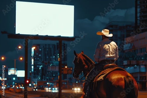 A cowboy on his horse stands against the urban night, contemplating a blank billboard under the city's glowing lights photo