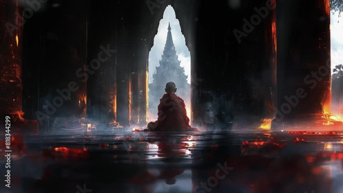 rear view of tibetan monk meditating in the hallway of a temple, 4k resolution photo