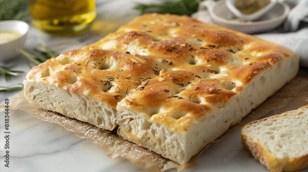 freshly baked foccacia bread loaf with a cross section cut out freshly baked foccacia bread loaf with a cross section cut out