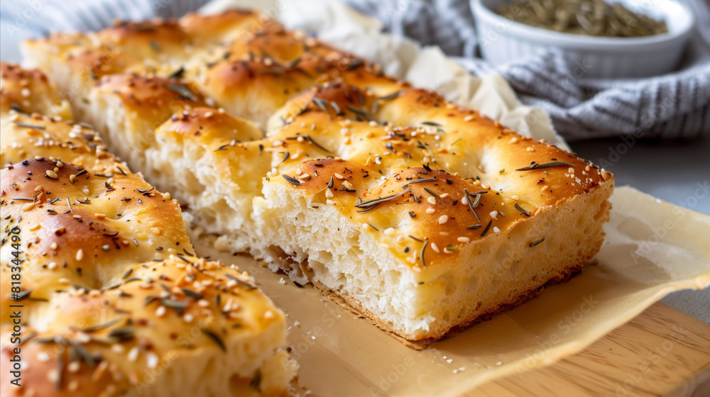 freshly baked foccacia bread loaf with a cross section cut out freshly baked foccacia bread loaf with a cross section cut out