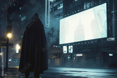 A solitary cloaked figure stands in a misty urban setting at night, gazing at an expansive blank billboard lit by neon lights photo