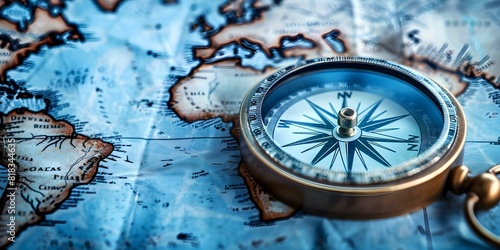 Vintage compass on map background for adventure pirate or history themes. Concept Adventure, Pirate, History, Vintage, Compass, Map, Themes