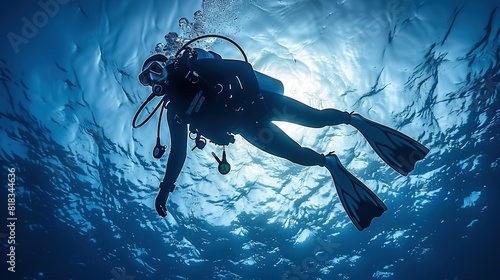   A person swims in water with scuba gear, including a helmet and flippers photo