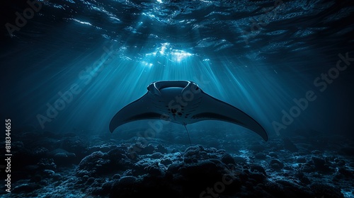  A manta ray glides above a vibrant coral reef in the turquoise sea of a tropical island photo
