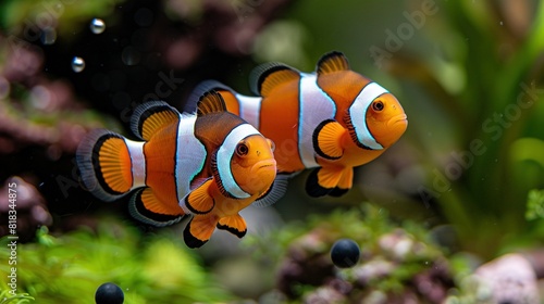   Two clownfish gazing at their reflections in the fish tank's glass
