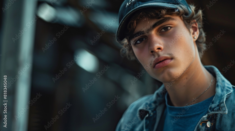 A young man in a blue jacket and hat is standing in front of a wall A young man in a blue jacket and hat is standing in front of a wall