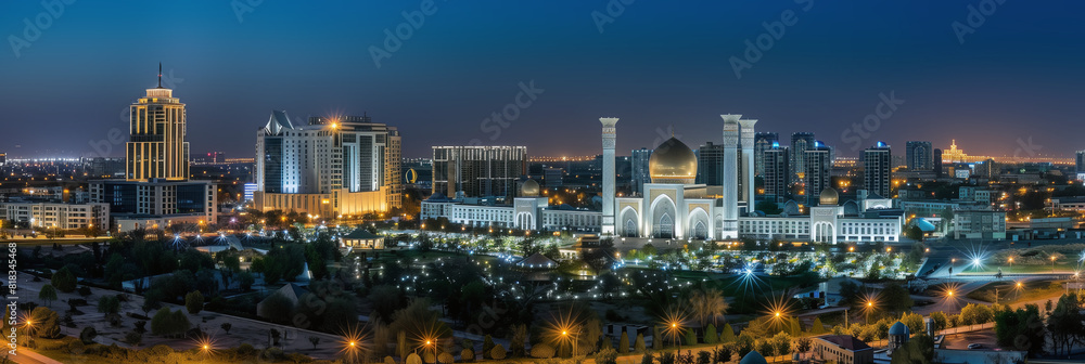 Fototapeta premium Stylized Night Panorama of Ashgabat's Illuminated Cityscape