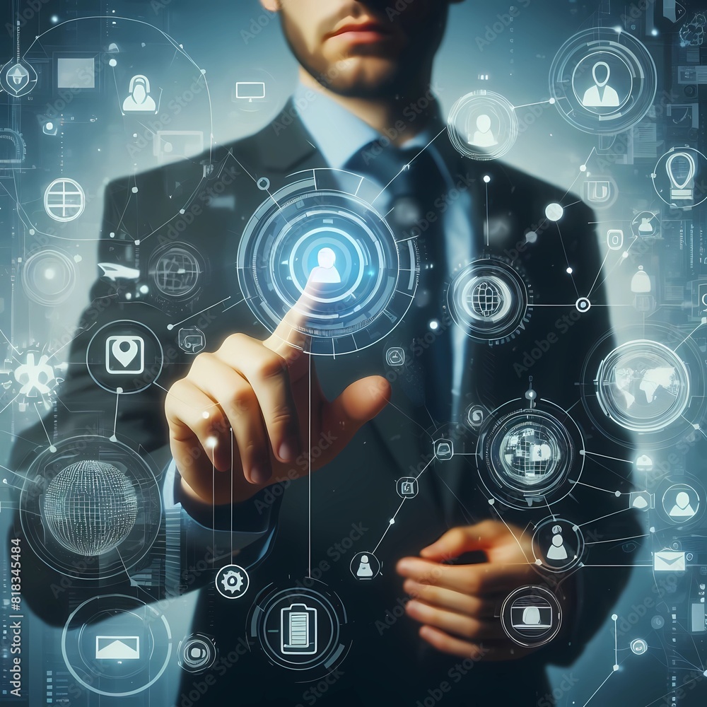 An image of an entrepreneur wearing a business suit and interacting with an advanced virtual interface, showing several technical icons, reflecting innovation and digital transformation in the busines An image of an entrepreneur wearing a business suit and interacting with an advanced virtual interface, showing several technical icons, reflecting innovation and digital transformation in the busines