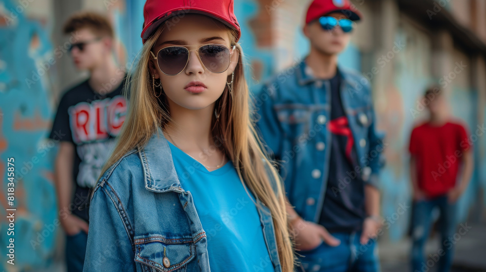 A girl wearing a blue shirt and a red hat stands in front of a wall A girl wearing a blue shirt and a red hat stands in front of a wall