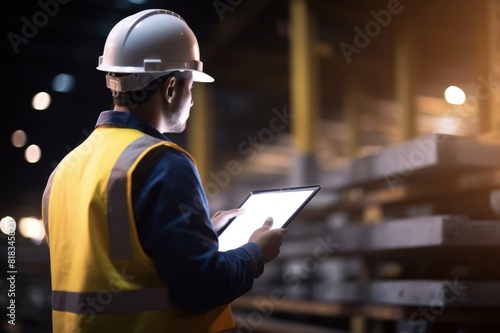 Rear view of manual worker using touchpad in aluminum mill. Back view of metal worker working on digital tablet in a warehouse