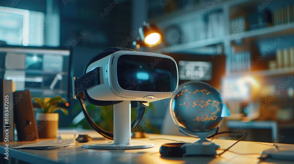 Obraz premium VR headset in a high-tech lab highlights cutting-edge technology and immersive virtual experiences