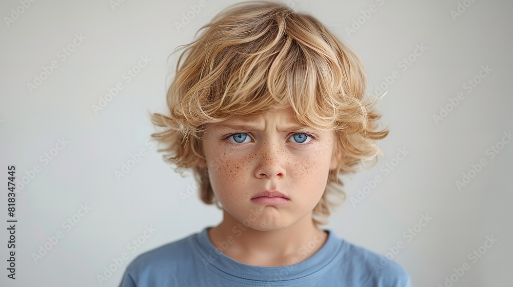 An upset young boy wearing a blue shirt stands confidently before a plain white background An upset young boy wearing a blue shirt stands confidently before a plain white background