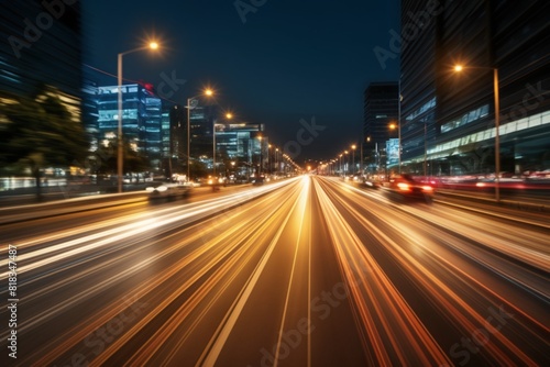 High speed urban traffic city highway at dawn  car headlights in motion blur light effect and long exposure