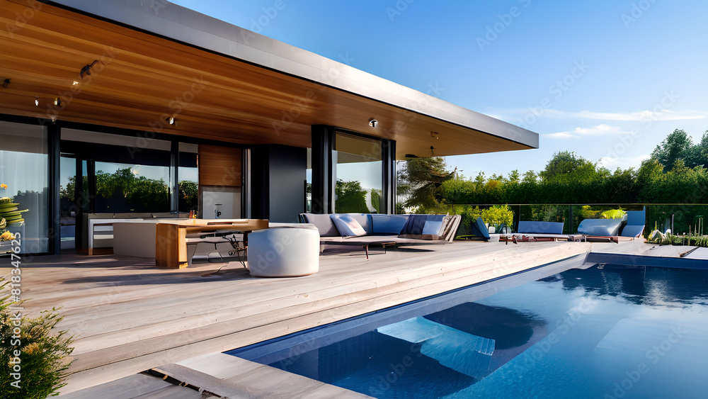 Backyard Oasis - Modern Wooden Terrace with Pool & Outdoor Furniture Backyard Oasis - Modern Wooden Terrace with Pool & Outdoor Furniture
