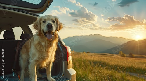 happy dog standing in the trunk of an SUV on a green meadow near the mountains with a beautiful landscape in the style of the golden hour of light. The sky was beautiful, blue and yellow.