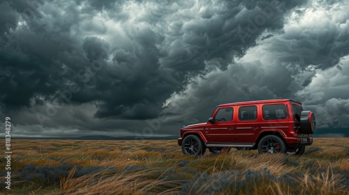 A red SUV with black accents sits in an open field under dark storm clouds. The car is positioned on the right side of the frame and shot at eye level to emphasize its height.