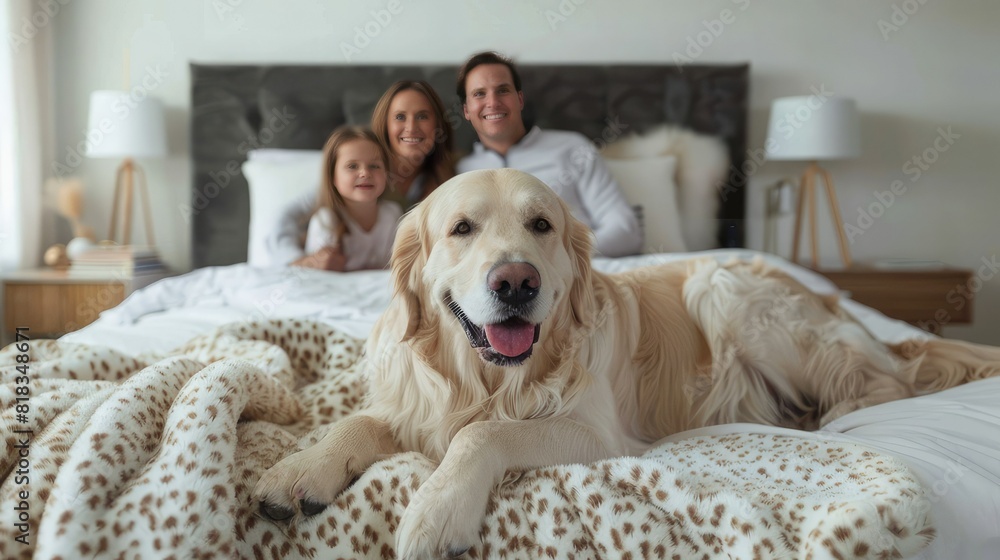A family with a dog in the background of an elegant bedroom, a golden retriever lies on the bed and smiles at the camera, parents and daughter sit with their backs to the wall behind him. A family with a dog in the background of an elegant bedroom, a golden retriever lies on the bed and smiles at the camera, parents and daughter sit with their backs to the wall behind him.