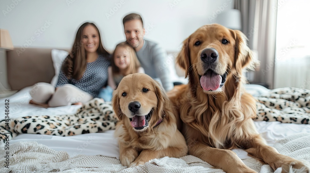 A family with a dog in the background of an elegant bedroom, a golden retriever lies on the bed and smiles at the camera, parents and daughter sit with their backs to the wall behind him. A family with a dog in the background of an elegant bedroom, a golden retriever lies on the bed and smiles at the camera, parents and daughter sit with their backs to the wall behind him.