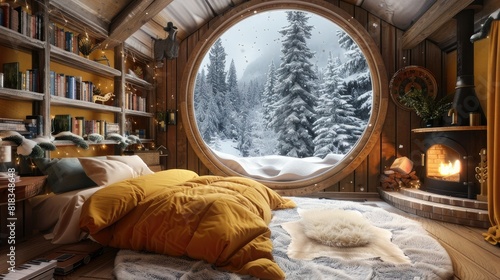 A cozy bedroom with round windows, a fluffy carpet on the floor and a fireplace in front of it, yellow bed linen, a snowy forest outside the window, wooden walls, warm light from inside. © Светлана Канунникова
